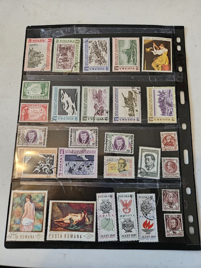 Collection of vintage international postage stamps on display.