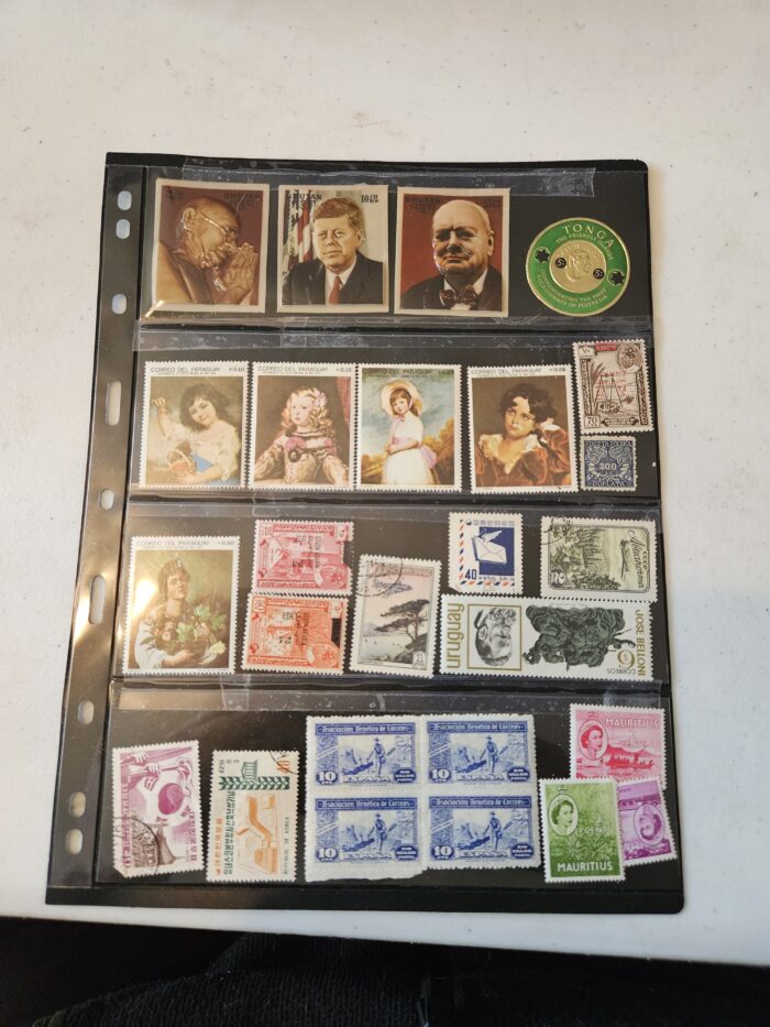 Collection of international vintage postage stamps on display.