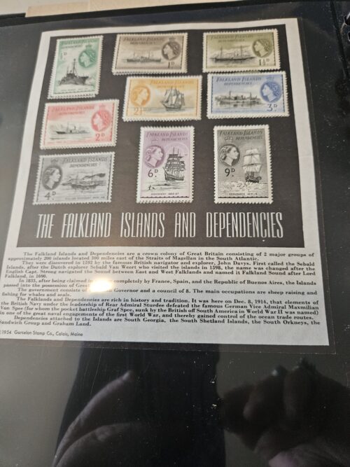 Falkland Islands Dependencies historical stamps display.