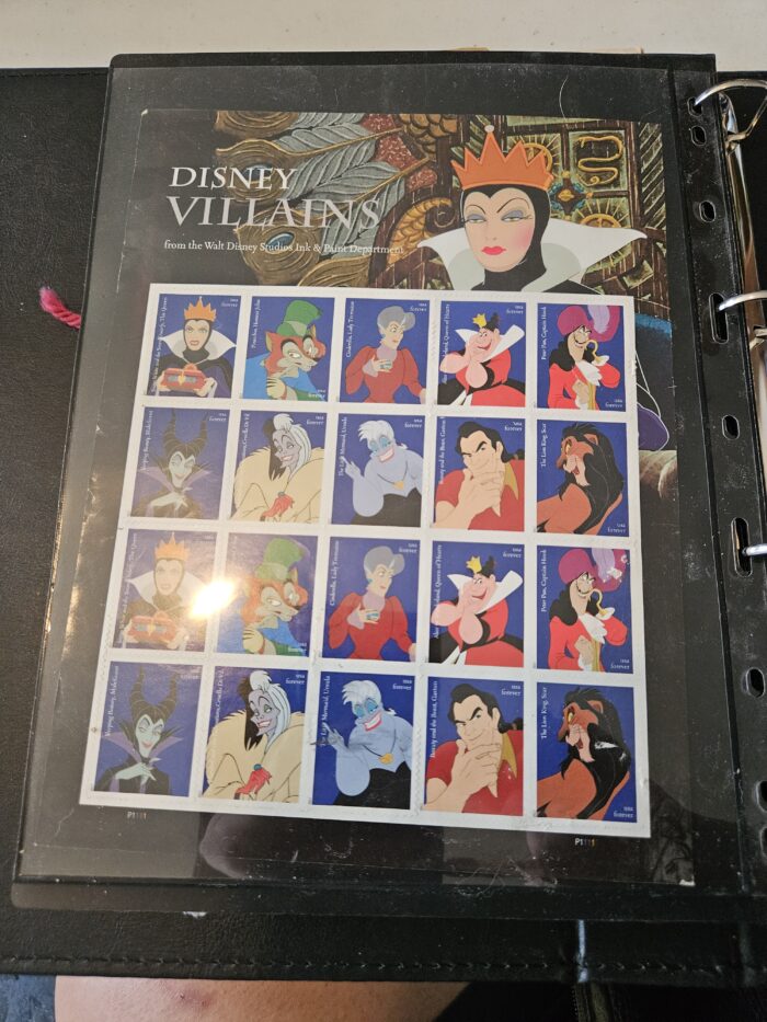 Disney Villains postage stamps collection sheet.