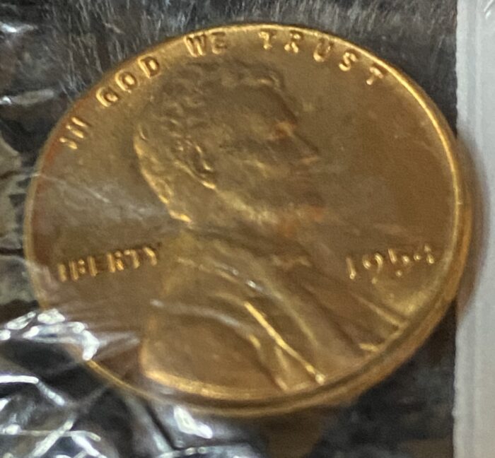 Close-up of a 1954 penny.