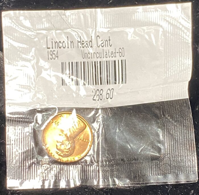 Uncirculated 1954 Lincoln Head Cent in packaging.