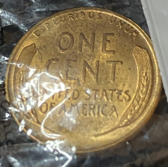 Close-up of one cent coin in plastic wrap.