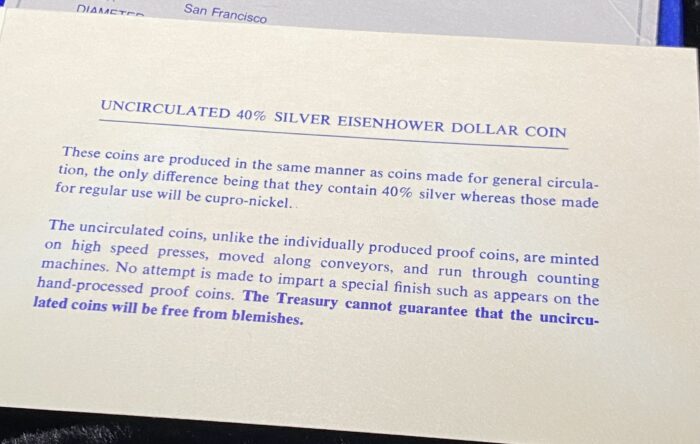 Uncirculated 40% silver Eisenhower dollar coin details.