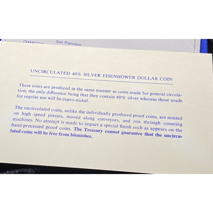 Uncirculated 40% silver Eisenhower dollar coin details.