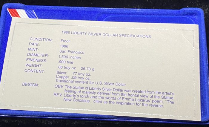 1986 Liberty Silver Dollar specifications card