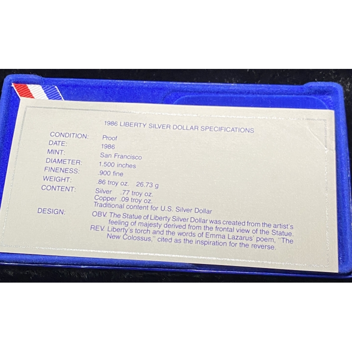 1986 Liberty Silver Dollar specifications card