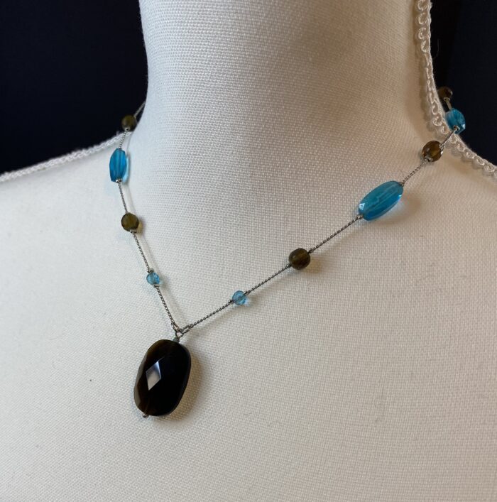 lia sophia equinox necklace silver toned sea blue & dark amber beads & bracelet