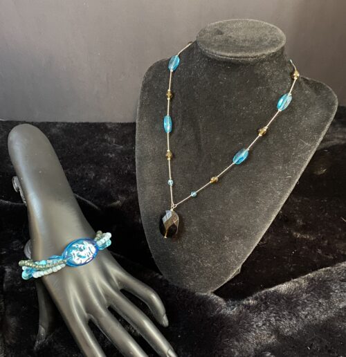 lia sophia equinox necklace silver toned sea blue & dark amber beads & bracelet9