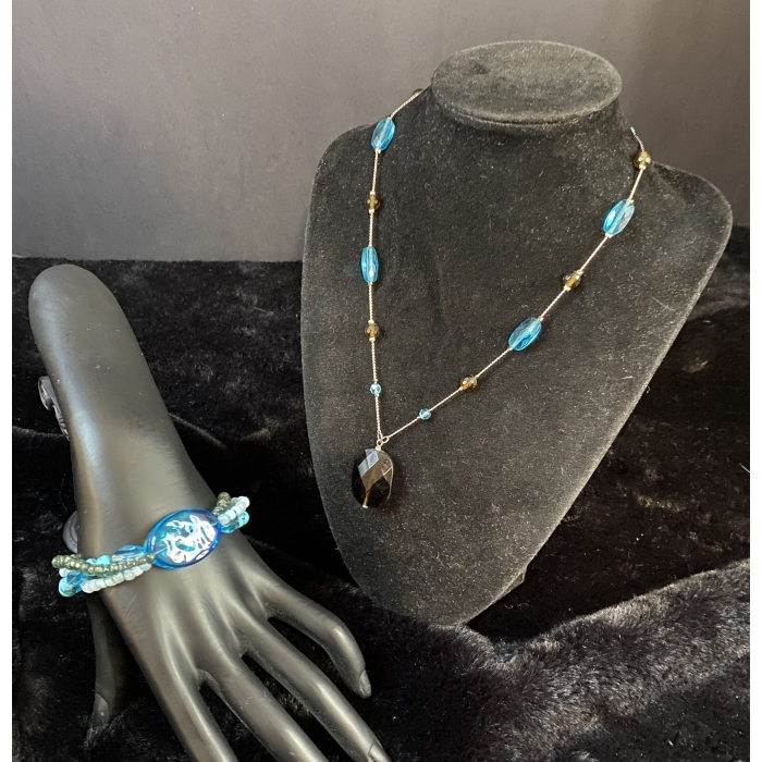 lia sophia equinox necklace silver toned sea blue & dark amber beads & bracelet9