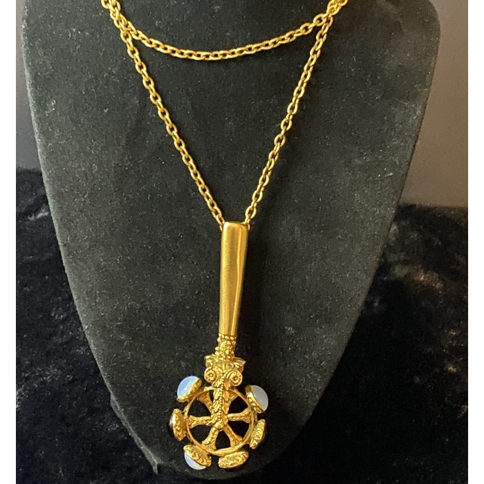 vintage revolving desk stamp style necklace pendant gold tone with glass