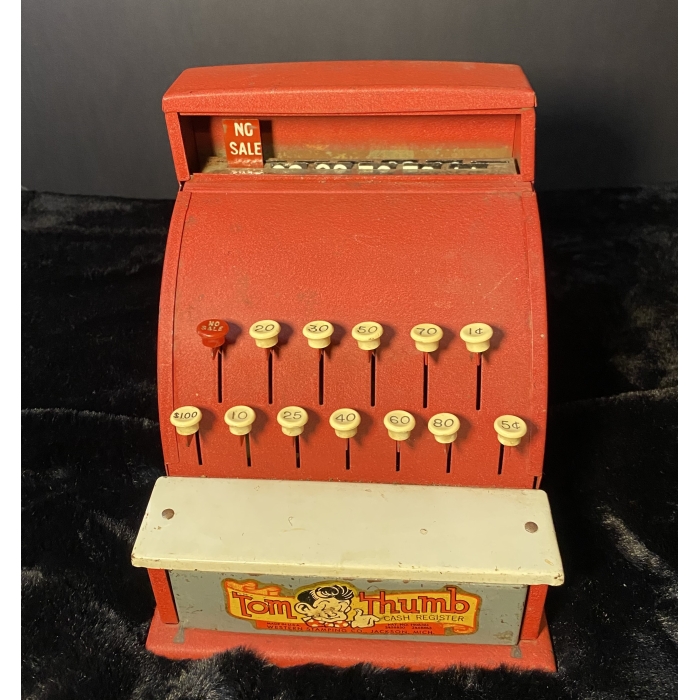 antique tin tom thumb cash register toy
